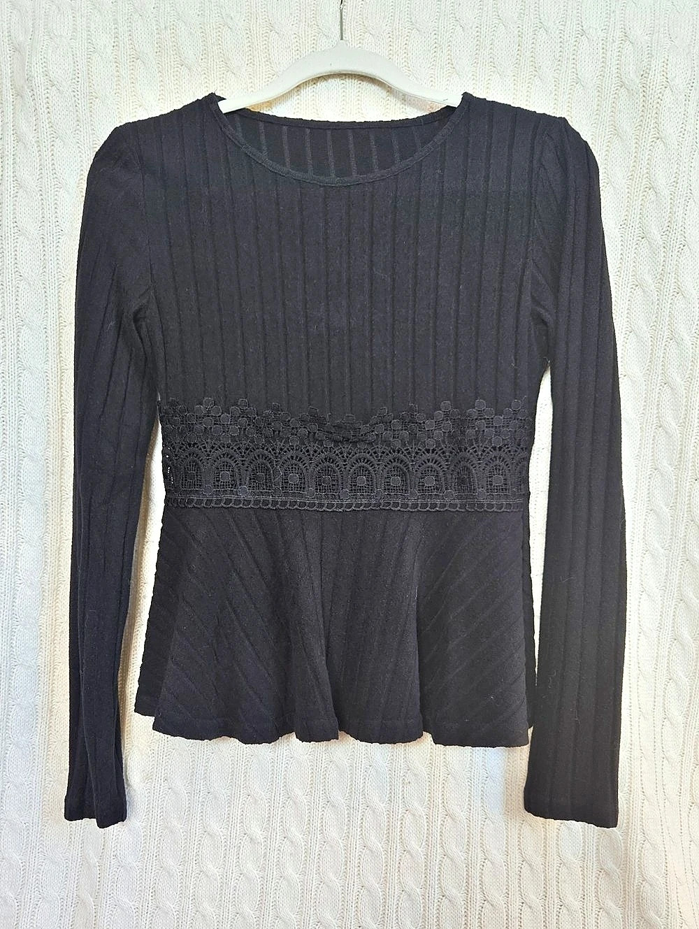 Black Ribbed Peplum Long Sleeve Top Size Medium